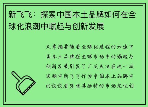 新飞飞：探索中国本土品牌如何在全球化浪潮中崛起与创新发展